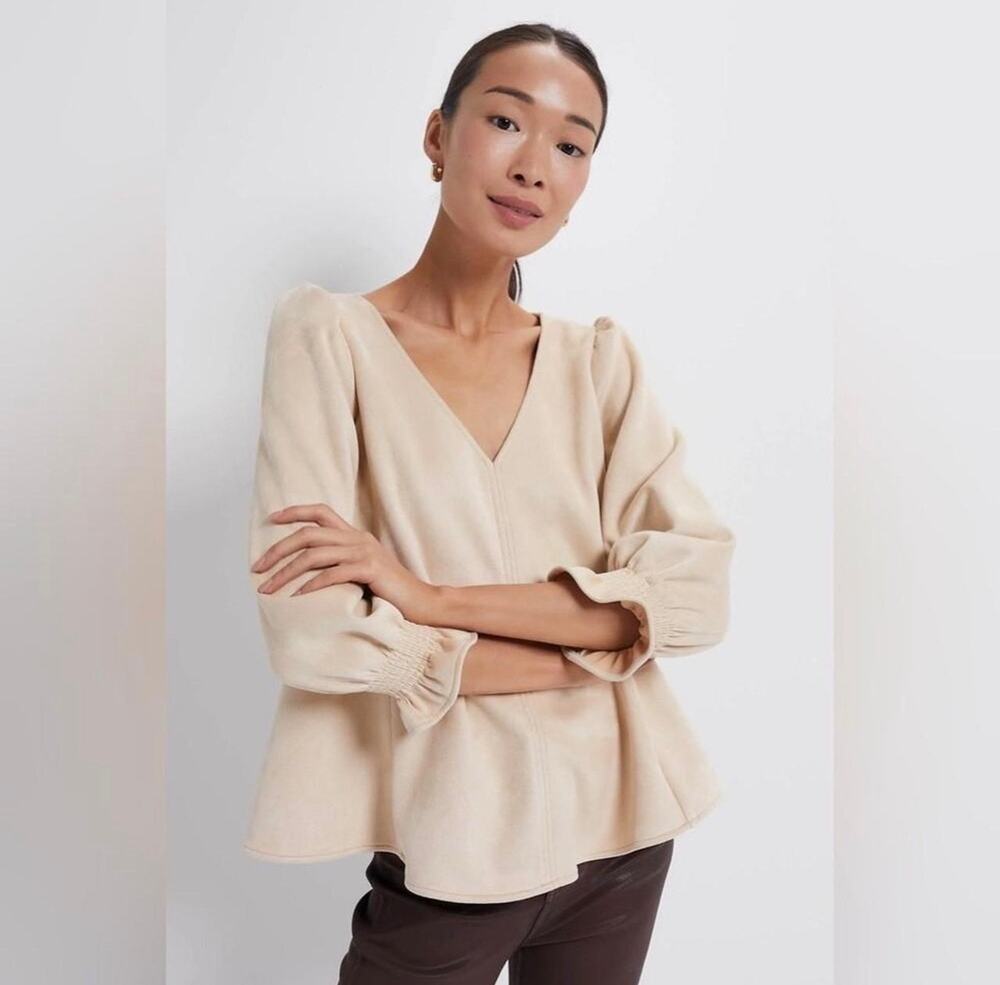 Tuckernuck Cream Faux Suede Peplum Gathered Sleeve Blouse Top Size XS